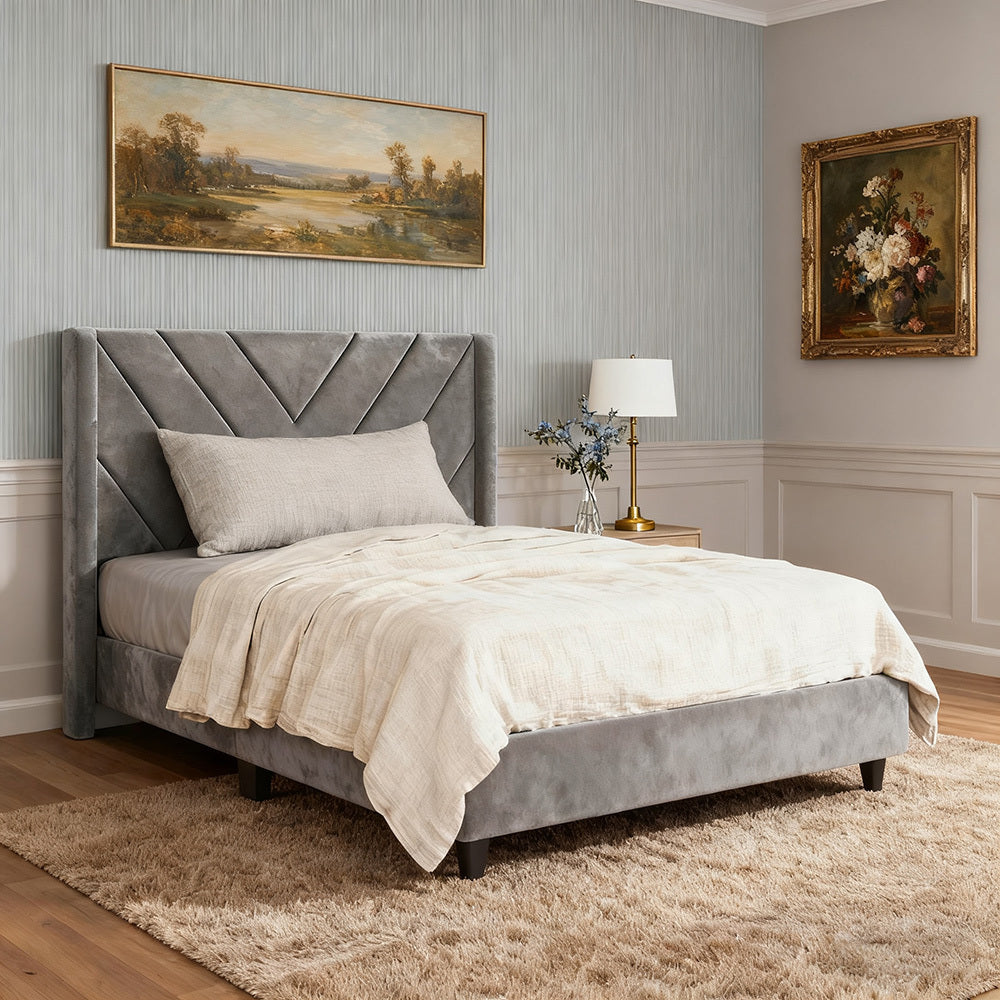 Velvet Platform Bed Frame by Costoffs with Wingback Headboard and Geometric Stitching, Wooden Slat Support, No Box Spring Needed, Twin to King Options
