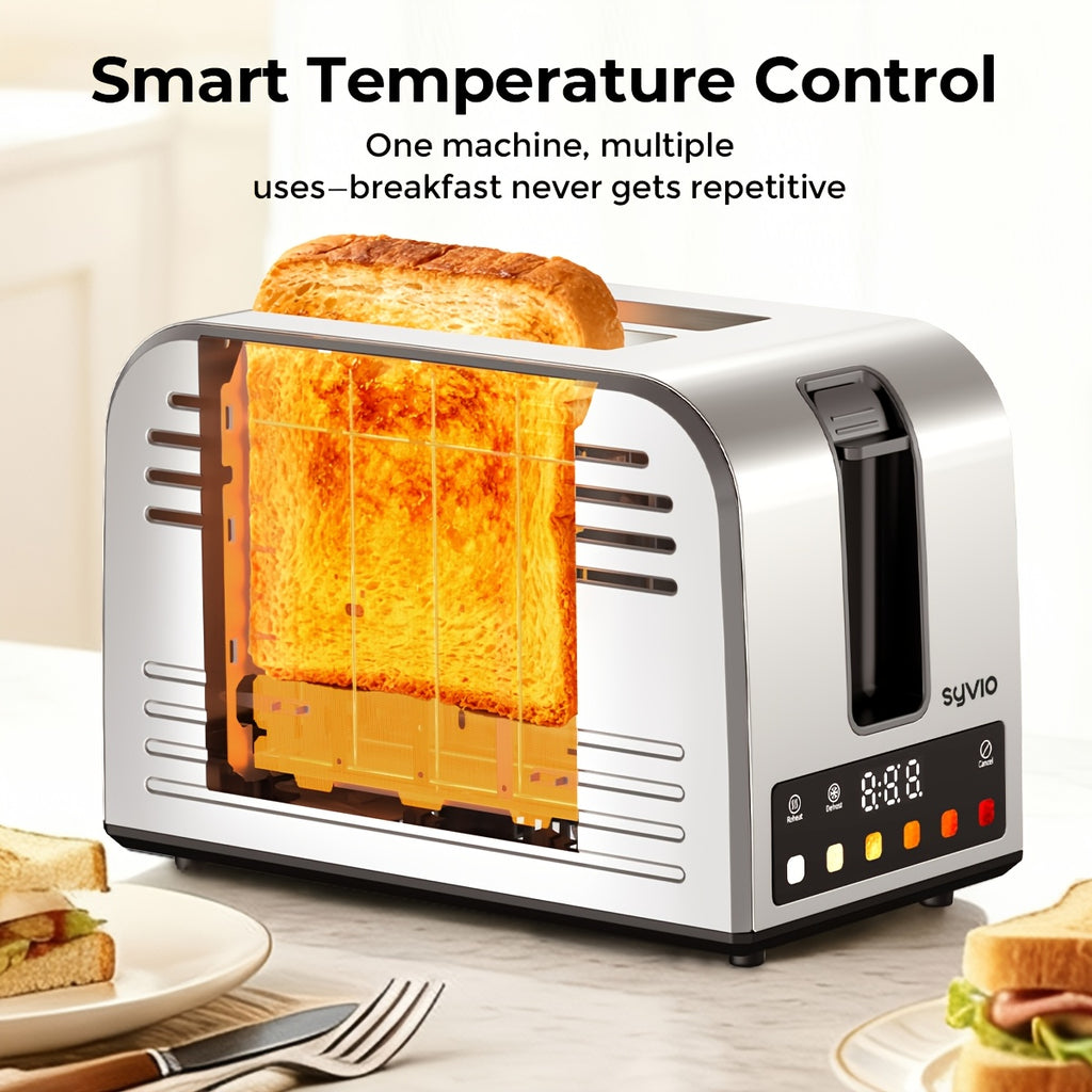 Stainless Steel Smart Toaster by Syvio with Listed Touchscreen Controls, Five Bread Types, Six Browning Levels, Wide Slots and Removable Tray for Breakfast