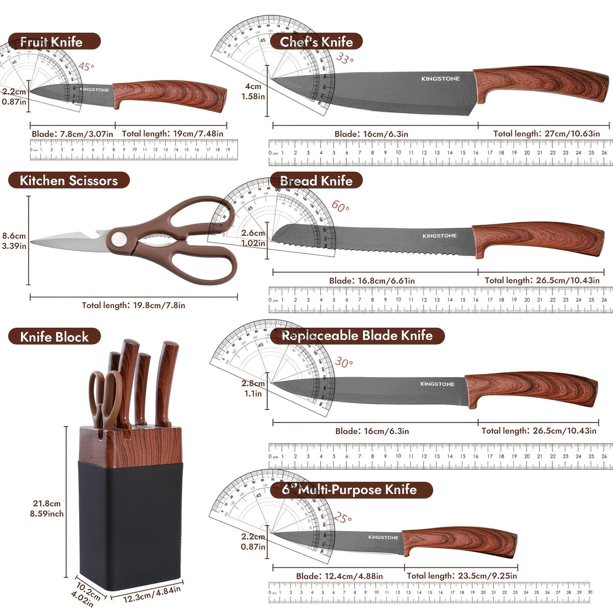 Kitchen Knife and Rack Set, Seven-Piece Collection with Chef, Bread, Replaceable Blade, Multipurpose and Fruit Knives plus Scissors for Home Meal Preparation