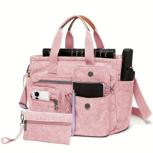 Corduroy Tote Bag Set for Women, 2-Piece Laptop Tote and Crossbody Shoulder Messenger Purse for Work, Travel, Shopping and Gym Days