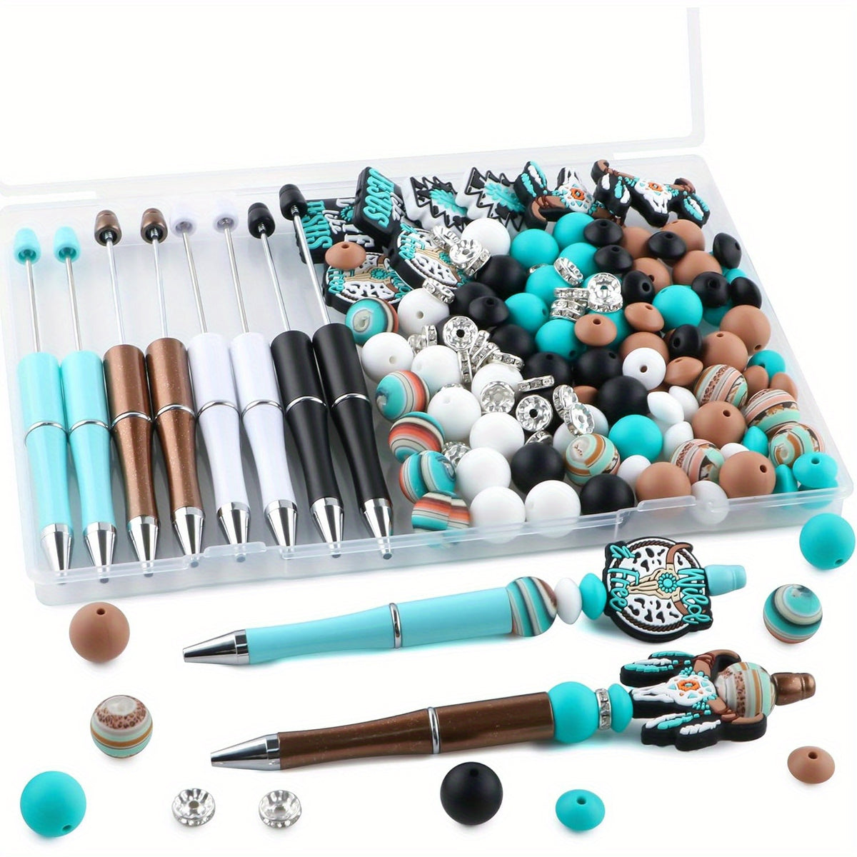 Turquoise Silicone Beads for Pens and Keychains, 146-Piece Mixed Craft Assortment with Listed 10mm Round and 12mm/15mm Beads for DIY Jewelry and Decorations