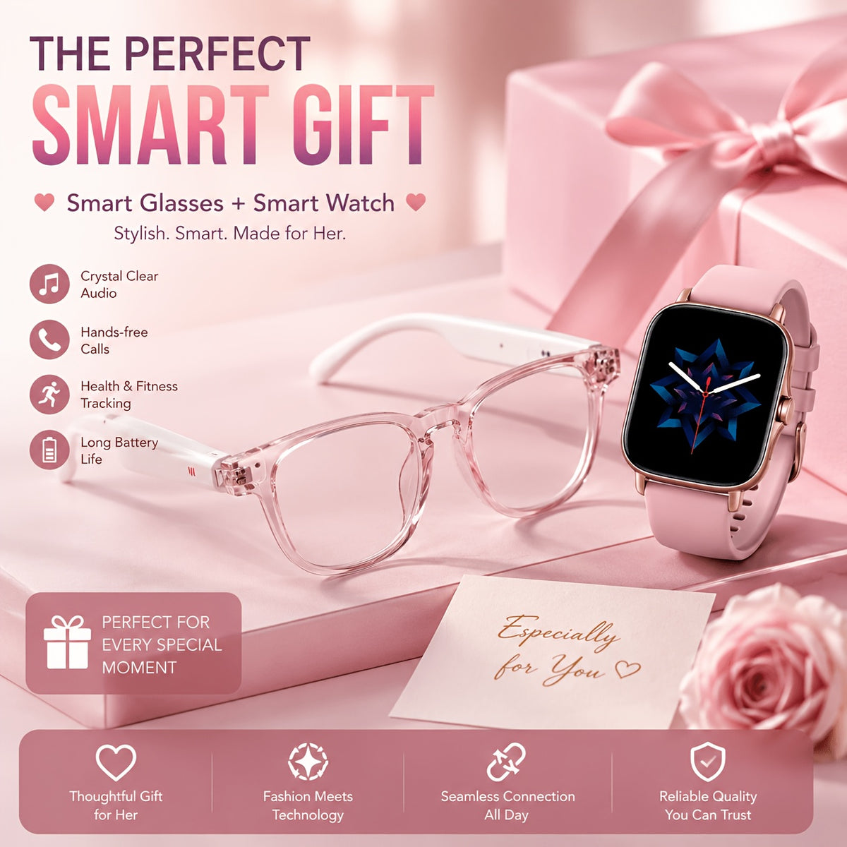 Open-Ear Translation Glasses and Smartwatch Set with Listed 160-Plus Language Functions, Music and Call Controls, Sleep and Activity Tracking, Four Style Labels