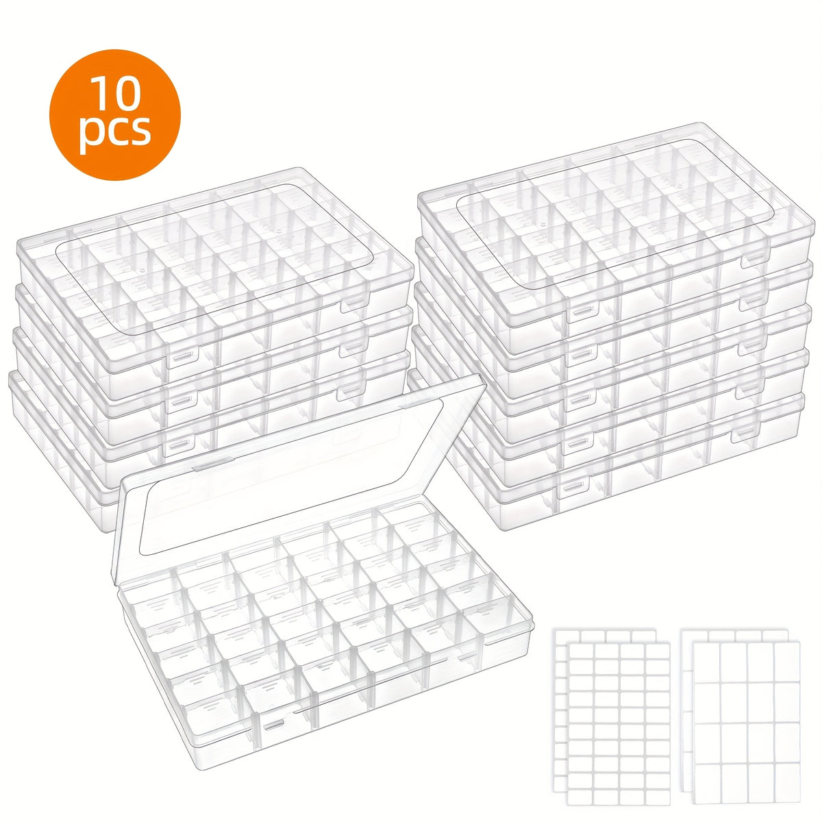 36-Grid Organizer Boxes by TOMNK, Clear Plastic Storage with Adjustable Dividers and Label Stickers, 5 8 or 10-Piece Options for Beads, Jewelry and Craft Supplies