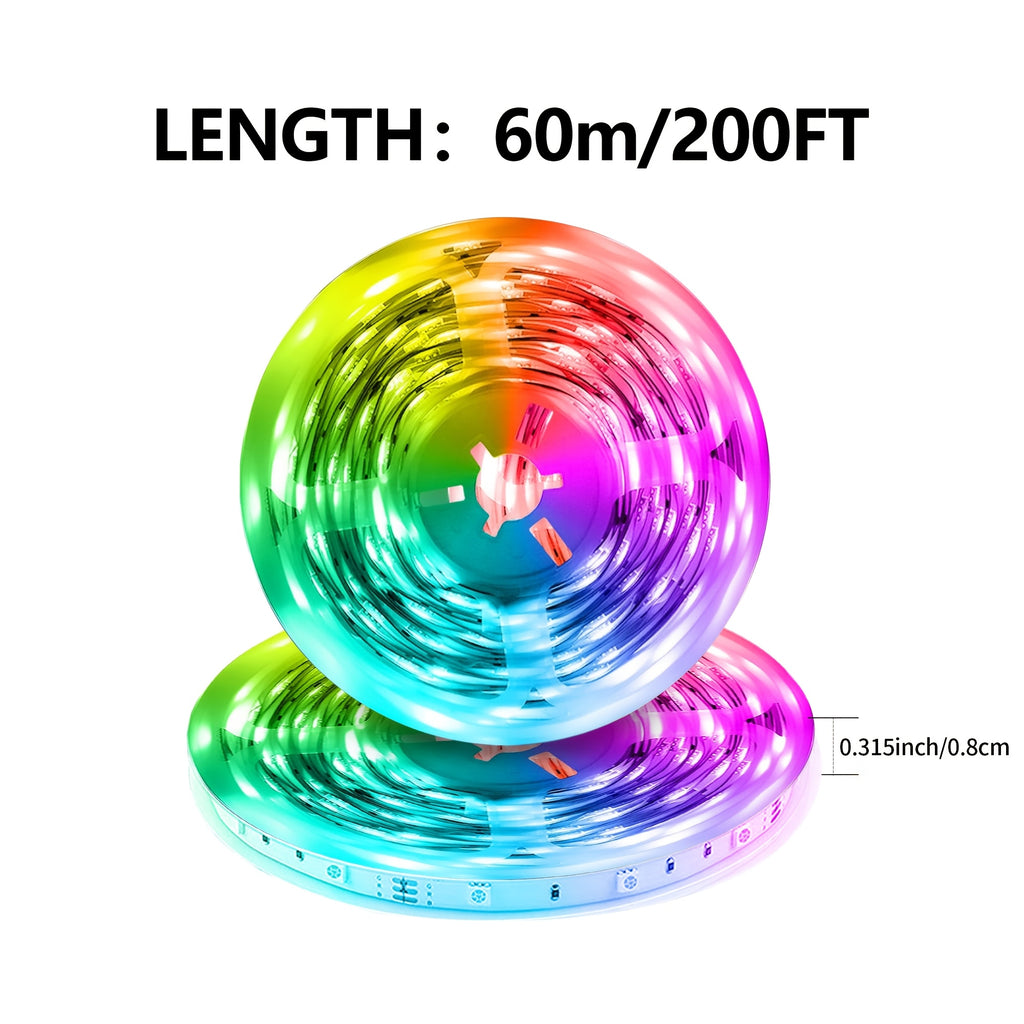 App-Controlled RGB LED Light Strips with Listed Music Sync and Remote Control, 200FT or 130FT Length Labels for Bedroom, Living Room and Holiday Decor
