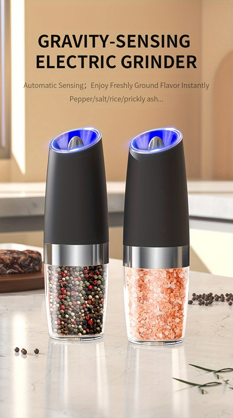 Electric Salt and Pepper Mill with Adjustable Coarseness and LED Light for Kitchen Seasoning, Single or Two-Piece Selections with Gravity-Sensing and USB Option Labels