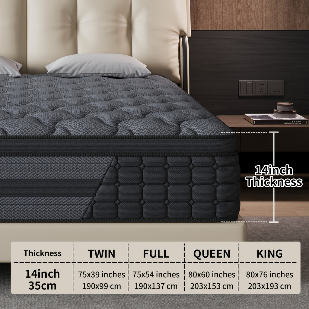 Gel Memory Foam Pocket Spring Mattress, Medium Firm Hybrid Bed in a Box with 8, 10, 12 or 14 Inch Models and Twin, Full, Queen or King Sizes