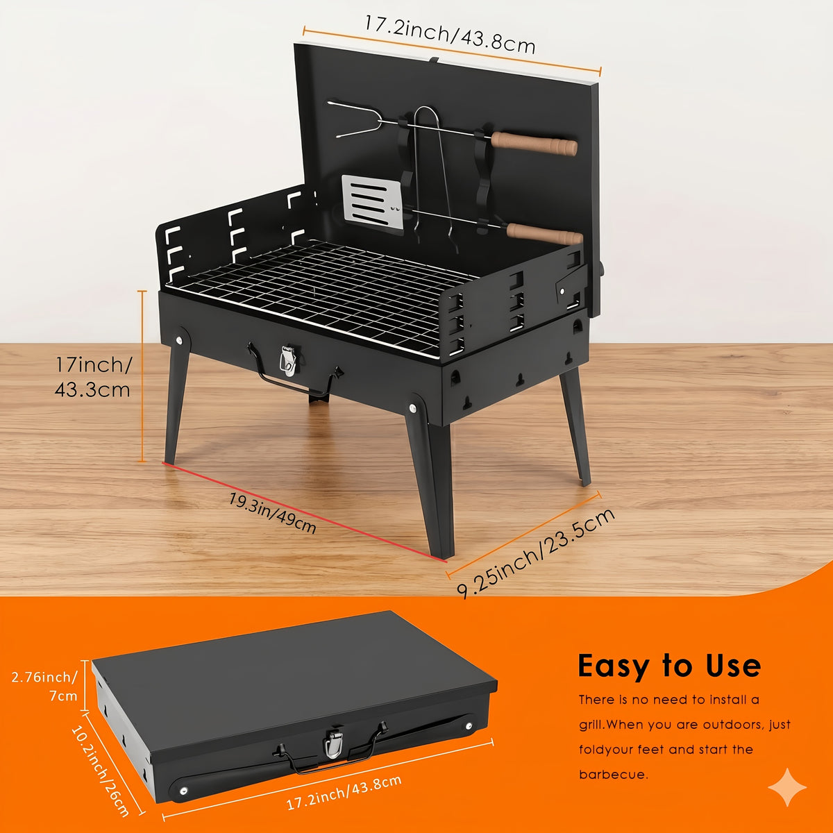 Collapsible Charcoal Grill with Windshield and BBQ Accessories, Small Folding Outdoor Barbecue for Camping, Picnic Meals and Backyard Weekend Cookouts