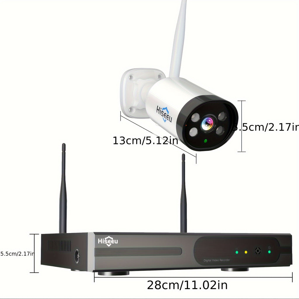 Hiseeu Wireless NVR Security Camera System with Four Listed 3MP Cameras, 10-Channel Recorder, Color Night Vision, Two-Way Audio and Dual-Band WiFi