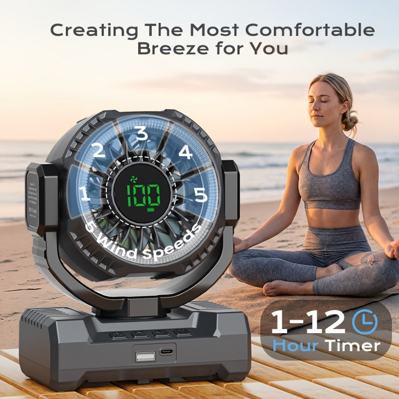 Display-Screen Camping Fan with Listed 24000mAh Rechargeable Battery, Five Speeds, USB Charging and Tent Hook for Campsite, BBQ and Home Power-Outage Airflow