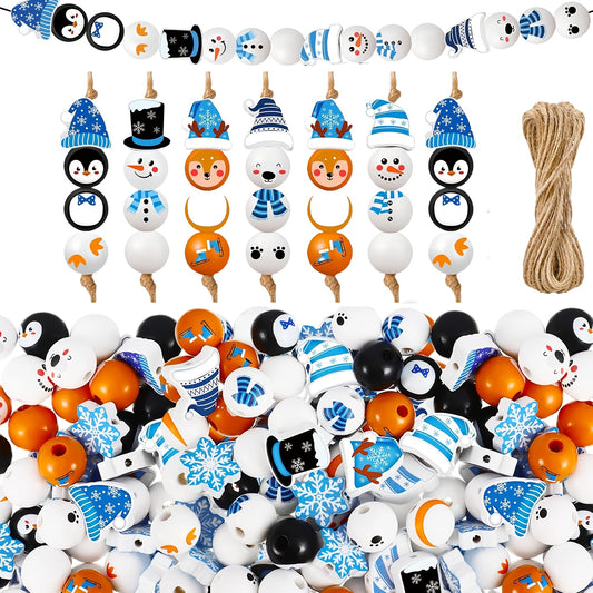 Winter Wooden Craft Beads, 100-Piece Snowman, Polar Bear, Penguin and Reindeer Theme Assortment for DIY Christmas Ornaments, Wreaths and Farmhouse Holiday Decor