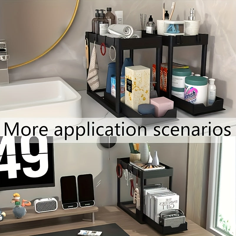 Hook and Bucket Under Sink Organizer, Two-Tier Sliding Cabinet Storage Rack with Listed Five Hooks and One Bucket, Single or Double Options for Kitchen and Bathroom