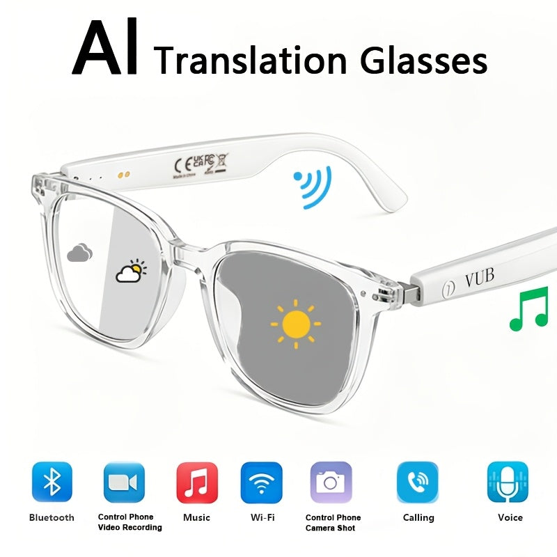 AI Translation Glasses with Phone Camera Remote Control, Wireless Audio and Calls, Voice Assistant and Color-Changing Lens Options, No Built-In Camera