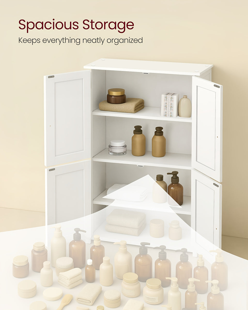 Shaker Style Floor Storage Cabinet with Four Doors, Two Cupboards and Two Adjustable Shelves, Green, White or Blue Freestanding Organizer for Home Essentials