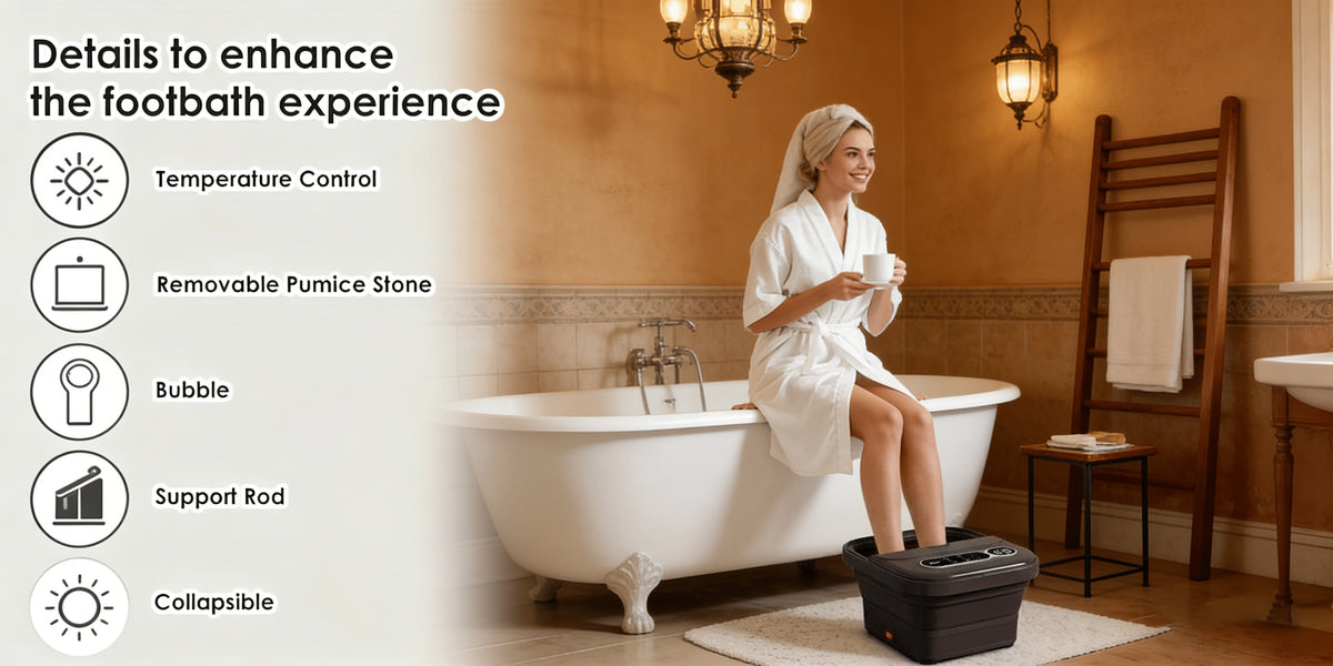 Foldable Heating Foot Spa Basin with Temperature Control, Massage Rollers, Bubbles and Pedicure Kit Wording, Portable or Rose Red Touch Model Options