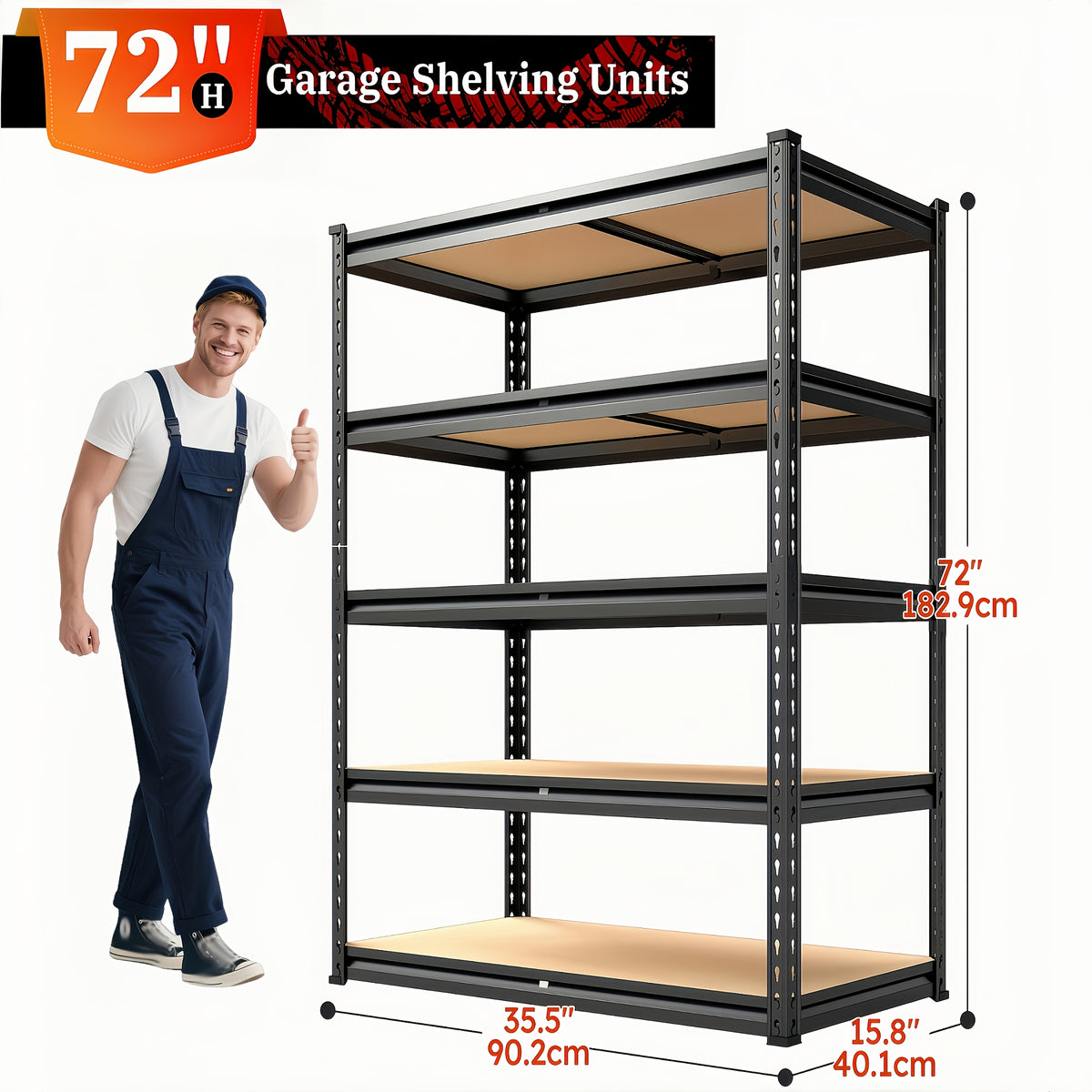 Five-Tier Garage Storage Shelving with Adjustable Shelf Heights, Listed 72-Inch Metal-Frame Rack in Black or Galvanized Options for Pantry and Basement Organization