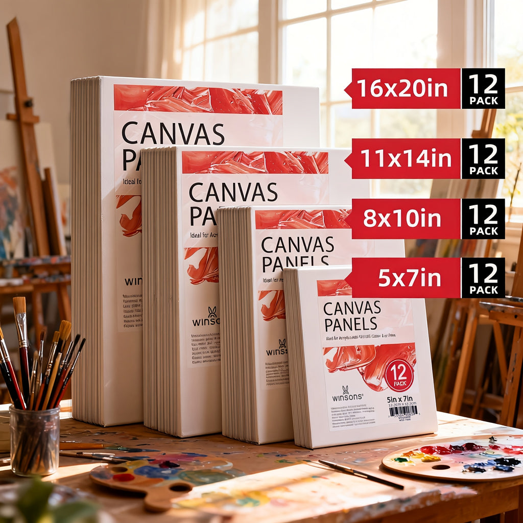 Winsons Canvas Panels with Triple-Primed White Surface, Listed 12-Pack Painting Boards in 11x14 or 16x20 Inch Options for Acrylic, Oil, Gouache and Tempera Art