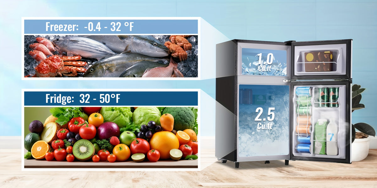 Two-Door Compact Fridge with Freezer, Silvery 2.5 or 3.5 Cu Ft Options with Seven-Level Thermostat and Removable Shelves for Dorm, Office and Bedroom Storage