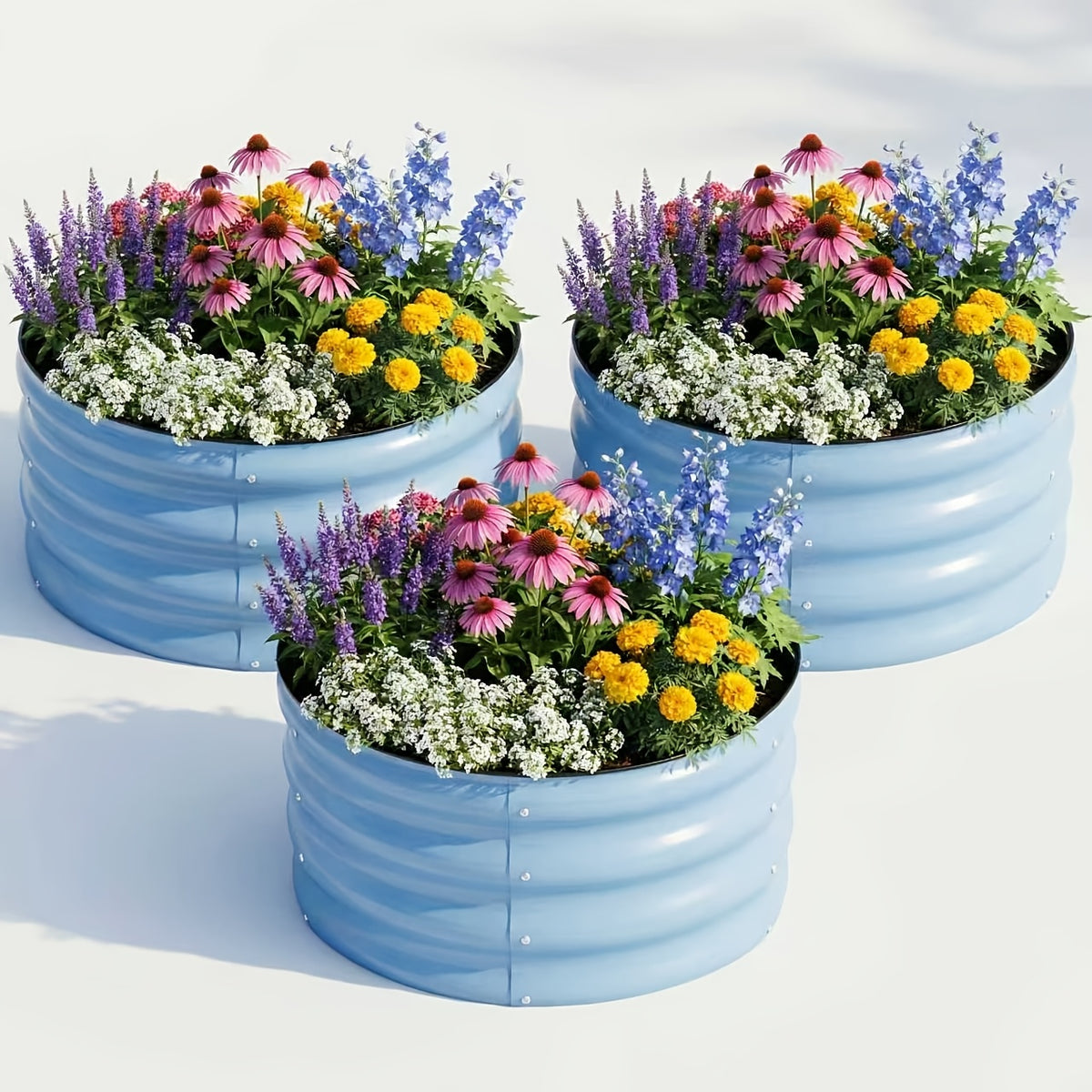 Compact Steel Raised Garden Bed Set with Three Open-Bottom Planters, Rubber Top-Rim Strips and Approximate 2x2x1ft Size in Green, Orange or Blue