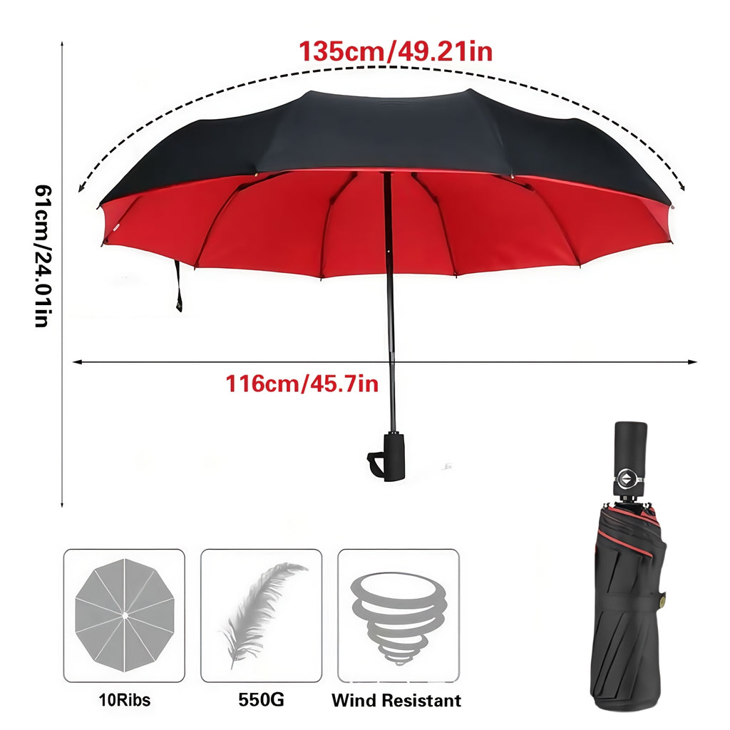 Ten-Rib Automatic Umbrella with Gear-Shift Style Wording, Folding Sunshade Design in Red, Black, Blue or Burgundy for Everyday Carry and Outdoor Outings
