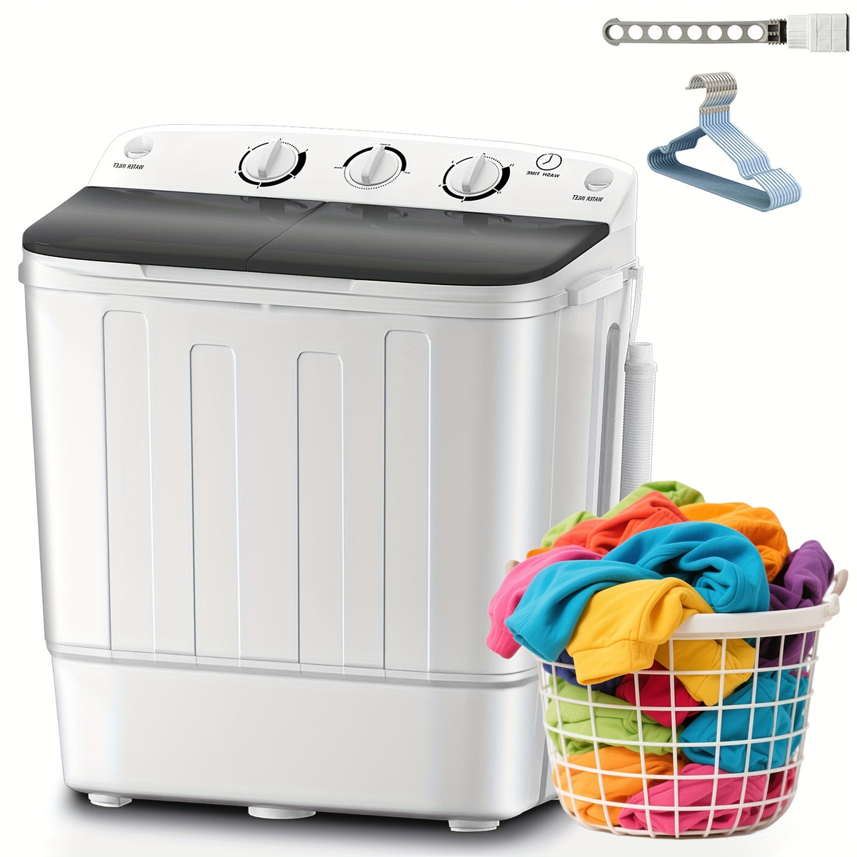 Double Drum Portable Washer in Black with Listed 19lb Capacity and 1300RPM Spin, Gravity Drainage, Seven Hangers and One Drying Rod for Small-Load Laundry