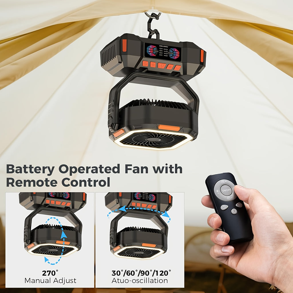 Portable Camping Fan with Listed 40000mAh Capacity, LED Light, Hanging Hook, Remote Control, Timer and Auto Oscillation in Green, Orange or Black