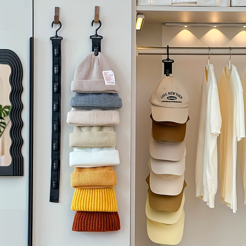 Hanging Hat Organizer with Eight Clips for Baseball Caps, One-Piece Black or Grey Wardrobe Storage Tool for Home Closets and Everyday Cap Collections