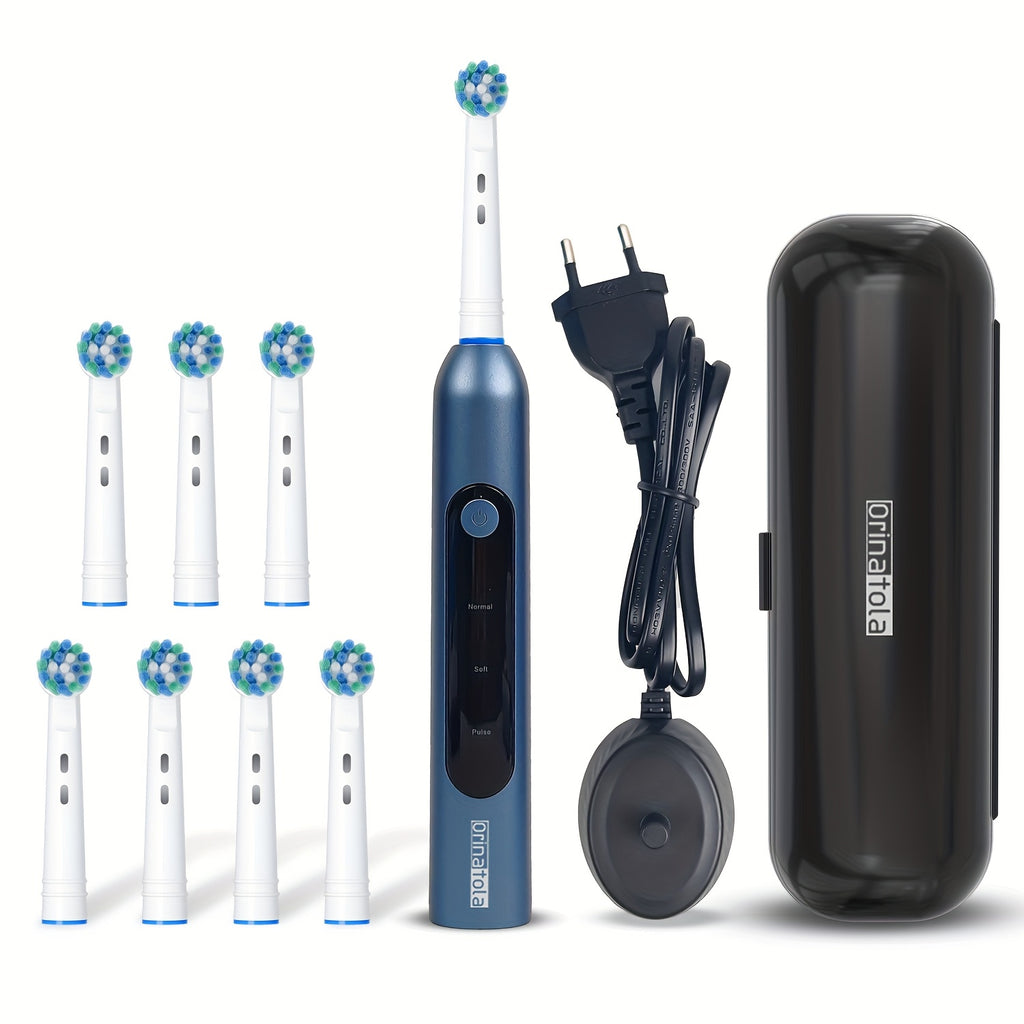 Rotating Electric Toothbrush with 8 Replacement Heads, Wireless Induction Charging, 3 Cleaning Modes, IPX7 Waterproof, Round-Head Oscillating Brush for Oral Care, Gift for Family & Parents