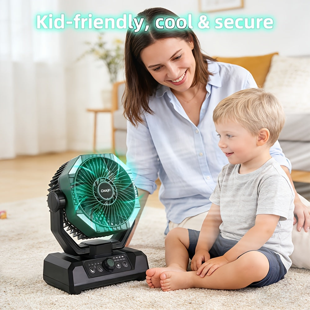 CoolJet Portable Camping Fan with Listed 20000mAh Battery, Variable Speed and 18-LED Light with Three Dimming Levels, Fern Green or Orange Airflow Options