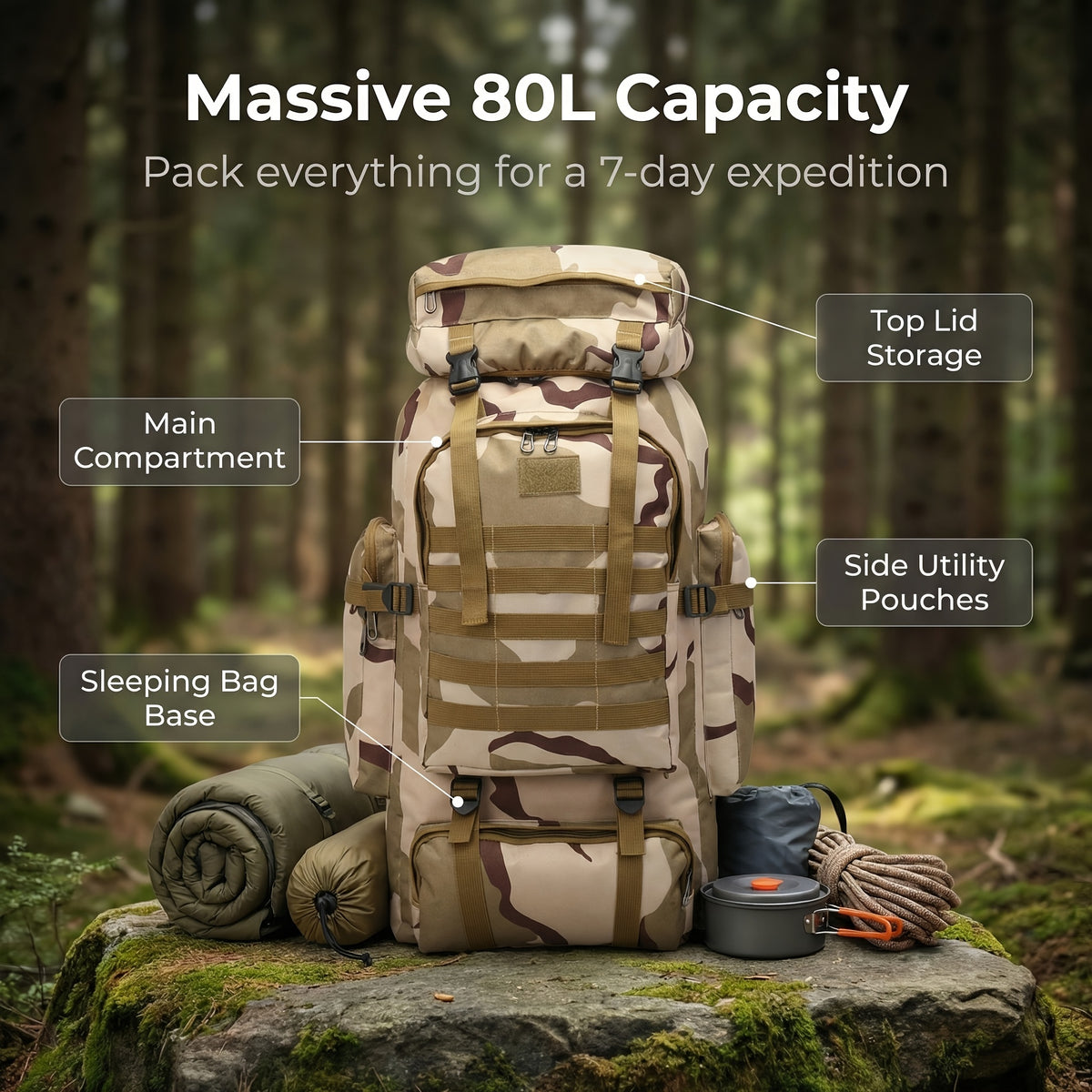 Men's Outdoor Travel Backpack with Double-Shoulder Carry and Removable Flag Patch Reference, Gray, Desert, Khaki or Black-3 Options for Everyday Trip Packing