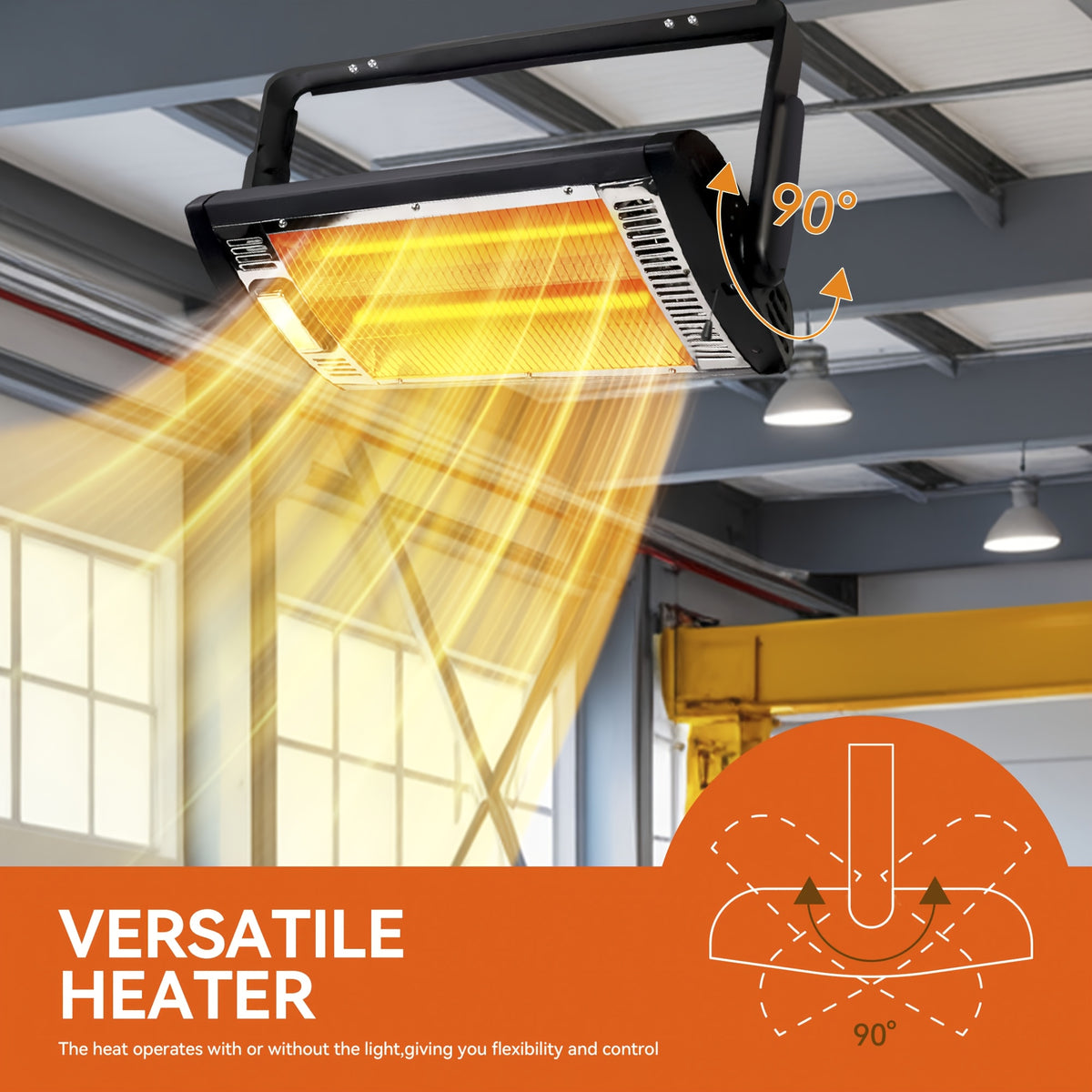 Ceiling-Mounted Quartz Garage Heater with Work Light, Listed 1500W Radiant Heating and 90-Degree Rotation, One- or Two-Pack Options for Approved Indoor Locations