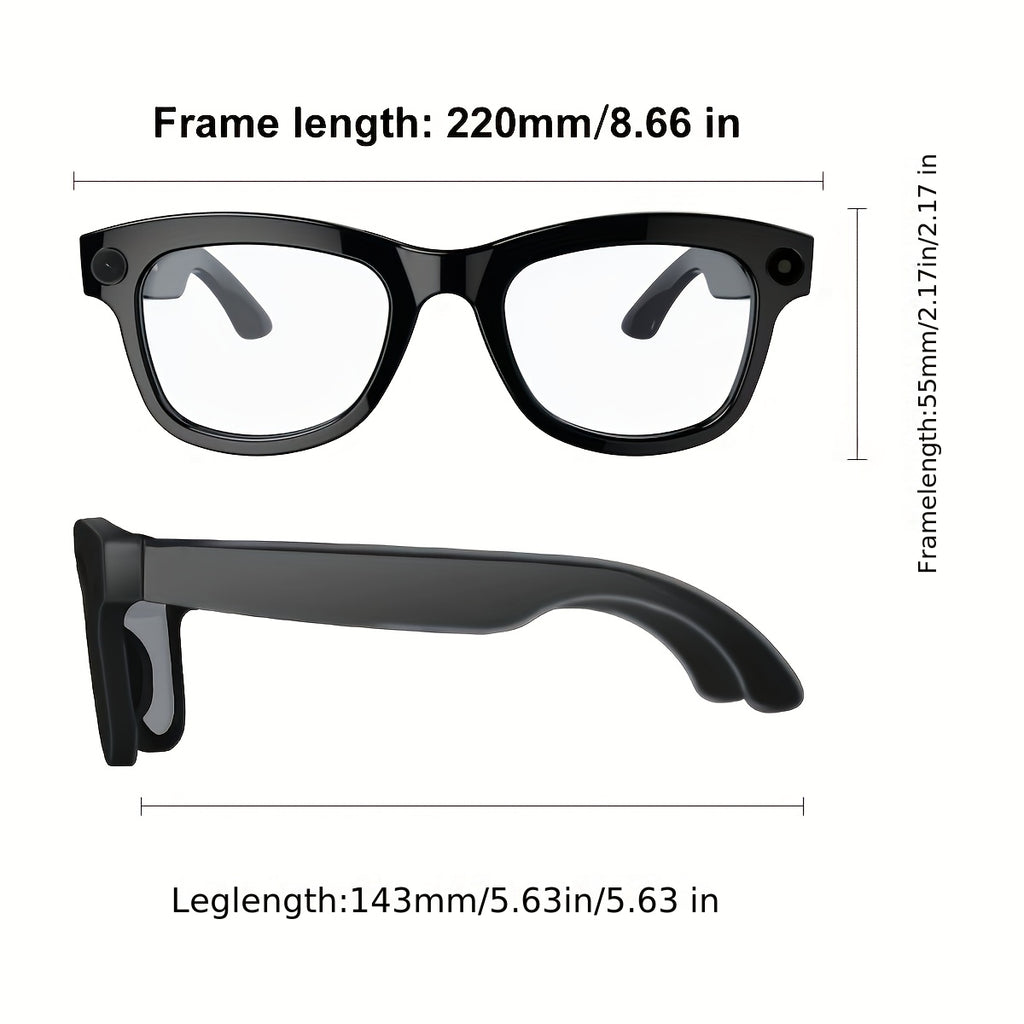 Smart Camera Glasses with Black Sunglasses and Transparent Lens Options, Including 5MP-Labeled Styles, Listed Wireless Video, Audio and AI Voice Features