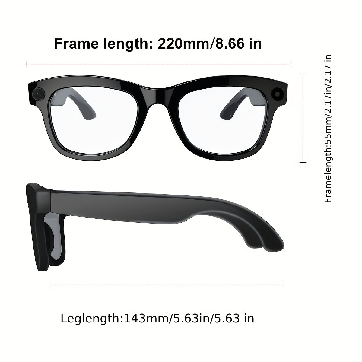 Smart Camera Glasses with Black Sunglasses and Transparent Lens Options, Including 5MP-Labeled Styles, Listed Wireless Video, Audio and AI Voice Features