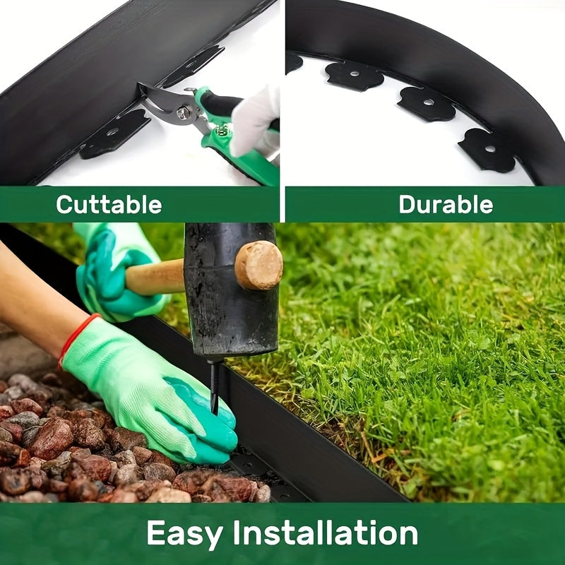 No-Dig Landscape Edging Kit, Flexible HDPE Garden Border with Anchoring Spikes for Flower Beds, Lawn and Pathways, Black or Green with Optional Hammer
