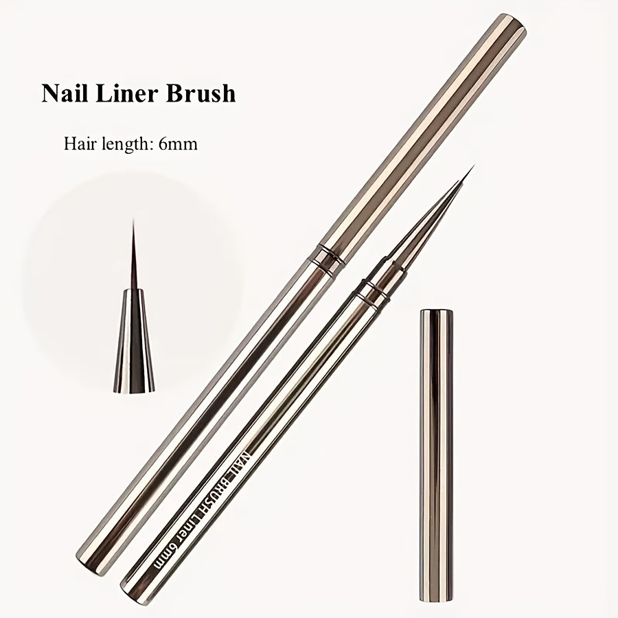 Capped Nail Art Liner Brush Set with Five Listed 6, 9, 12, 15 and 18mm Sizes, Metal Handles and Black Gray Option for Gel Polish Fine-Line Detailing