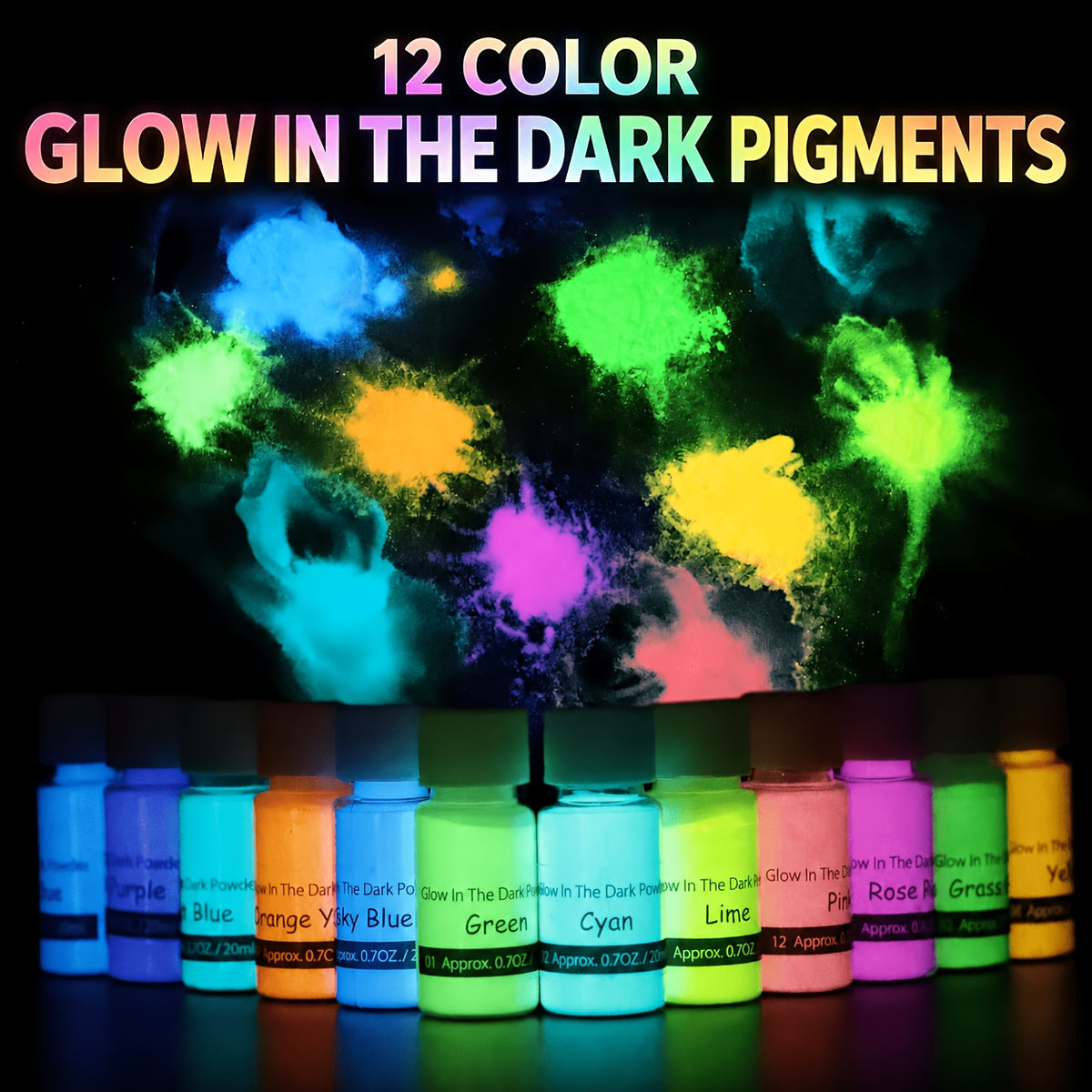 Glow in the Dark Pigment Powder by DEWEL, Strontium Aluminate Craft Colorant in 12 or 18 Color Options for Compatible Epoxy Resin Art and Decorative Projects