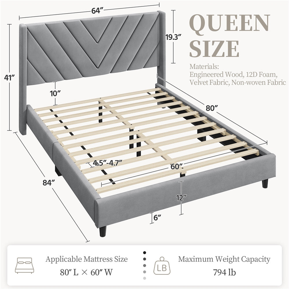 Velvet Platform Bed Frame by Costoffs with Wingback Headboard and Geometric Stitching, Wooden Slat Support, No Box Spring Needed, Twin to King Options
