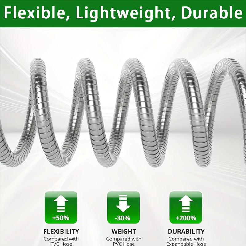 Stainless Steel Garden Hose with 10-Function Nozzle and Brass Joint, Metal Watering Hose in Multiple Length and Upgrade Kit Options for Yard and Car Care