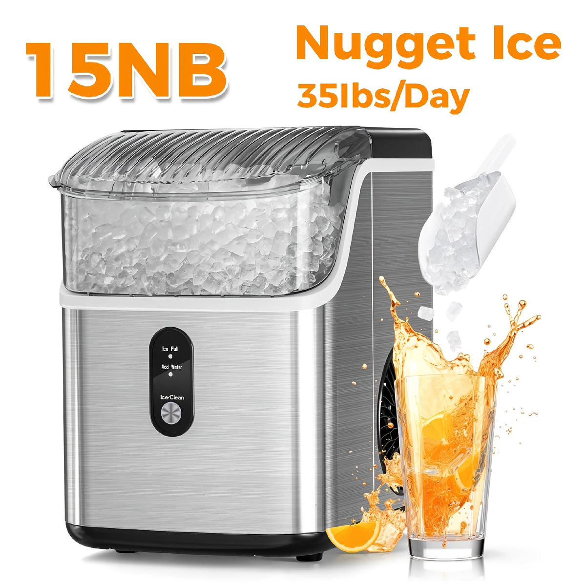 Self-Cleaning Nugget Ice Maker for Countertops with Listed 35lb Daily Output, Ice Scoop and Basket, Stainless Steel Options for Home Kitchen Drinks