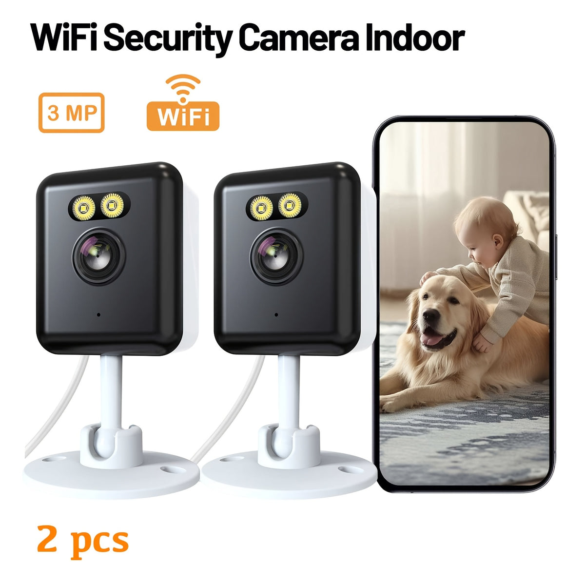 App-Controlled Indoor Security Cameras with 2.4GHz WiFi, Full-Color Night Vision and Two-Way Audio, Four-Pack or Two-Pack 3MP Human-Detection Options