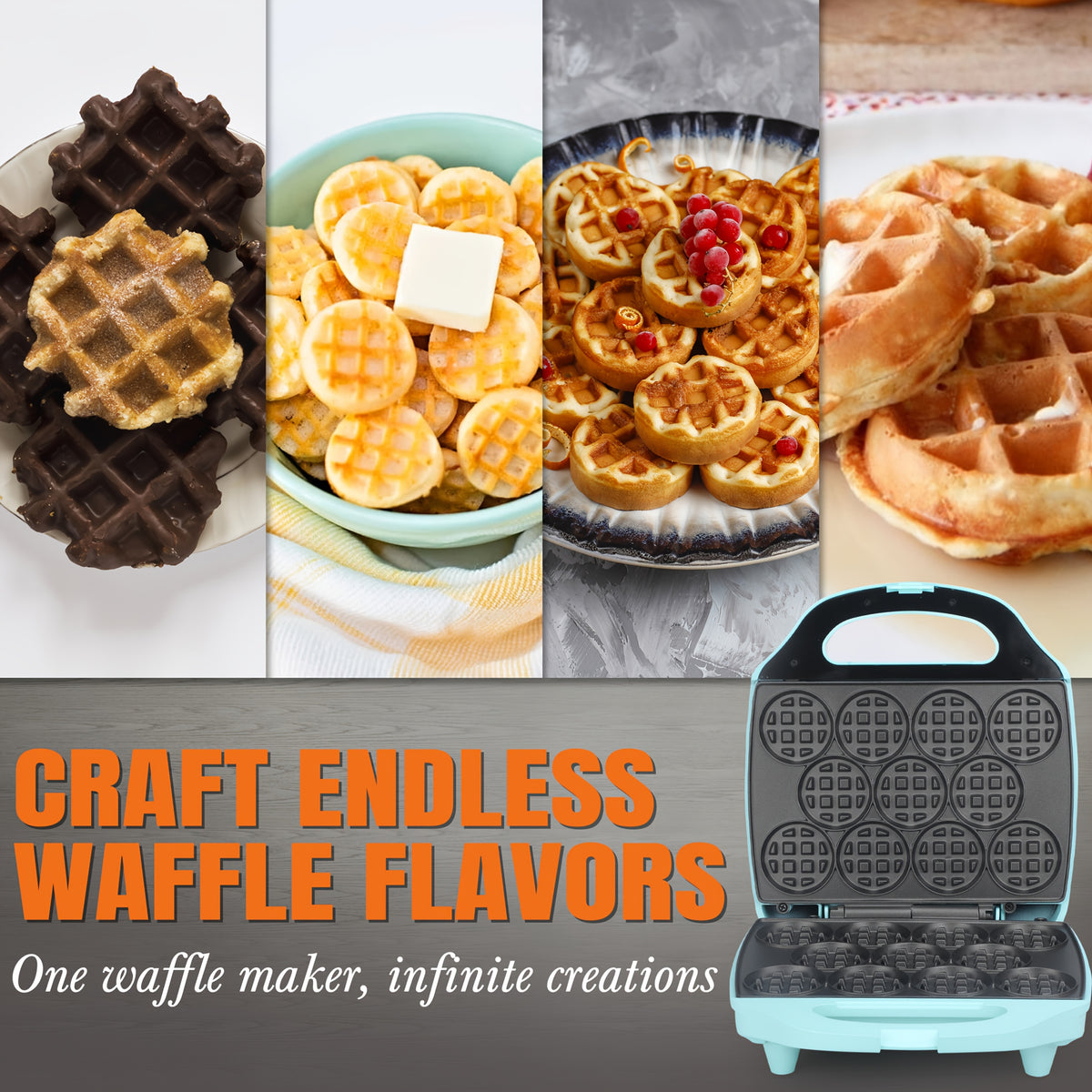 Bite Size Waffle Maker, Mini Belgian Waffle Iron Makes 11 x 2.2 Inch Tiny Waffles, Nonstick Breakfast Machine for Kids and Adults, Aqua Waffle Maker for Kitchen and Desserts