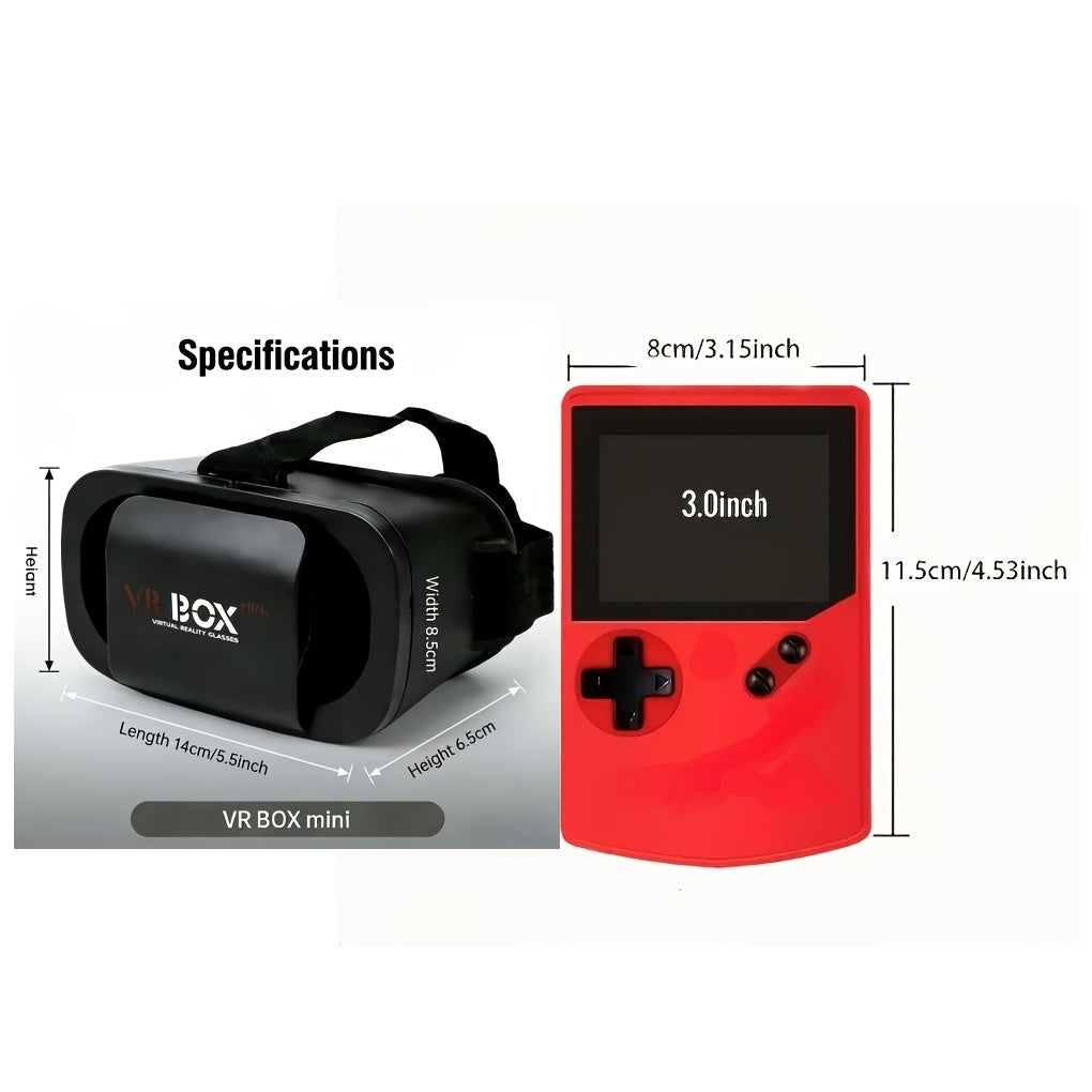 VR Glasses and Retro Handheld Game Console 2-Piece Set, Phone-Based 3D Viewer for Listed 5-7 Inch Smartphones with Separate Portable Gaming Device