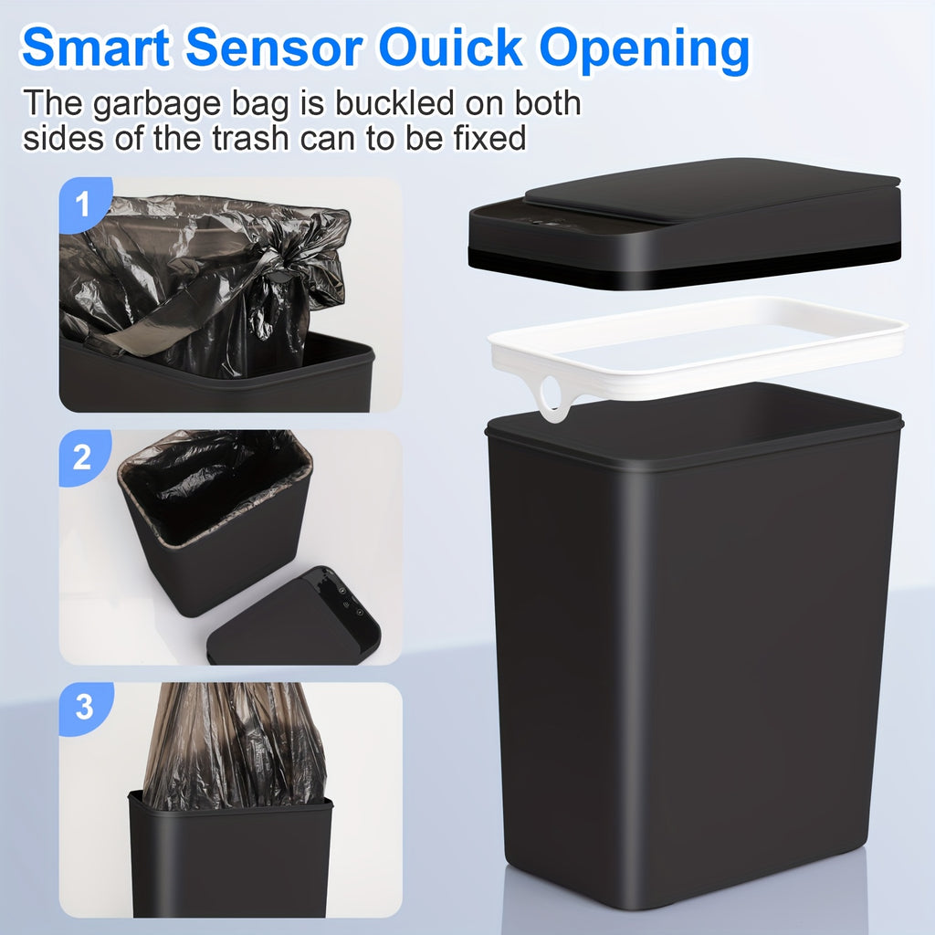 2.8 Gallon Touchless Trash Can Set, Two-Piece Slim Motion Sensor Garbage Bins with Automatic Lids in White or Black for Bathroom, Bedroom and Home Office