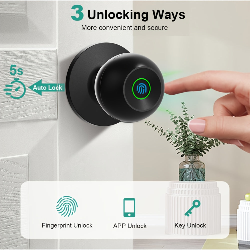 Rechargeable Smart Door Knob with Fingerprint, App and Physical Key Access, Entrance, Passage and Privacy Modes, K10 Finish Options