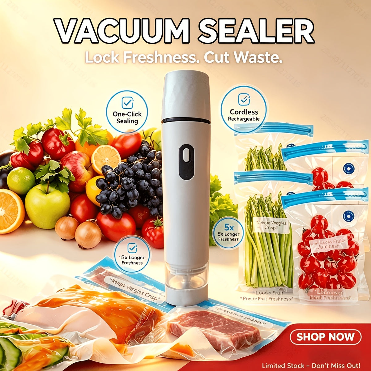 Handheld Vacuum Sealer Machine with 15 Vacuum Bags, Powerful Portable Food Vacuum Sealer for Food Storage and Preservation, Rechargeable Vacuum Sealing Machine for Kitchen and Travel