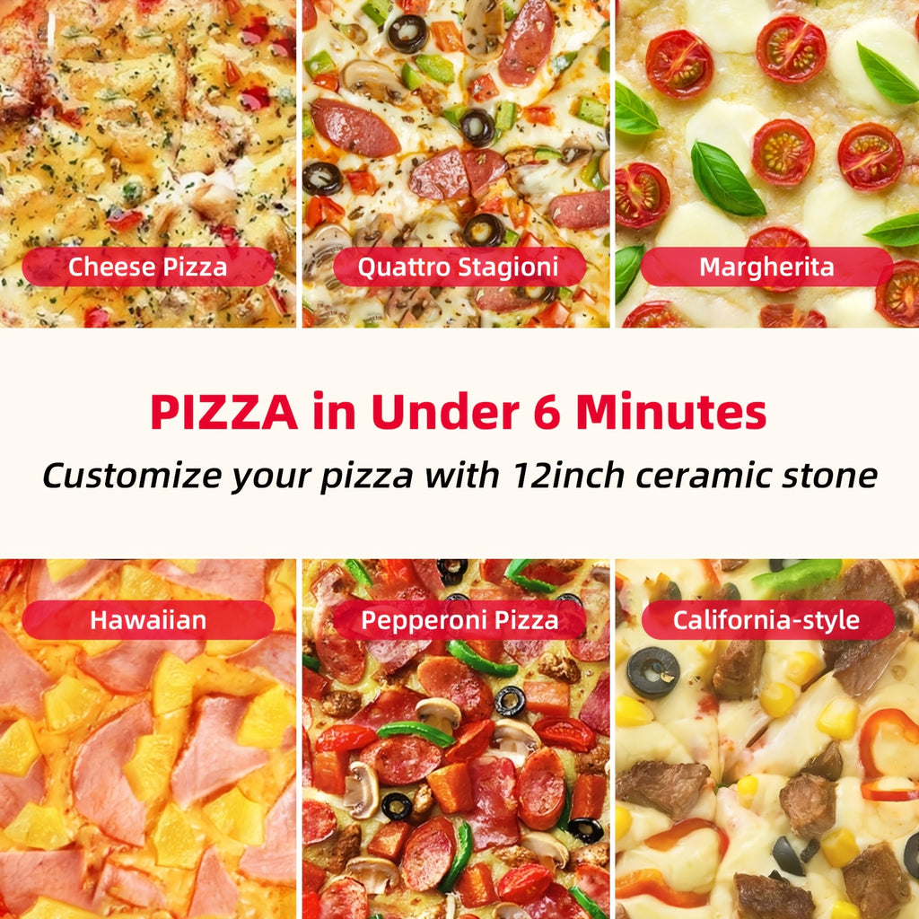Electric Pizza Oven 12 Inch Indoor Countertop, 1200W Portable Pizza Maker with Dual Heating Elements up to 800F, Dual Knob Control, Removable Ceramic Stone and Viewing Window for Home, Pizzeria-Style Crust and Pizza Nights