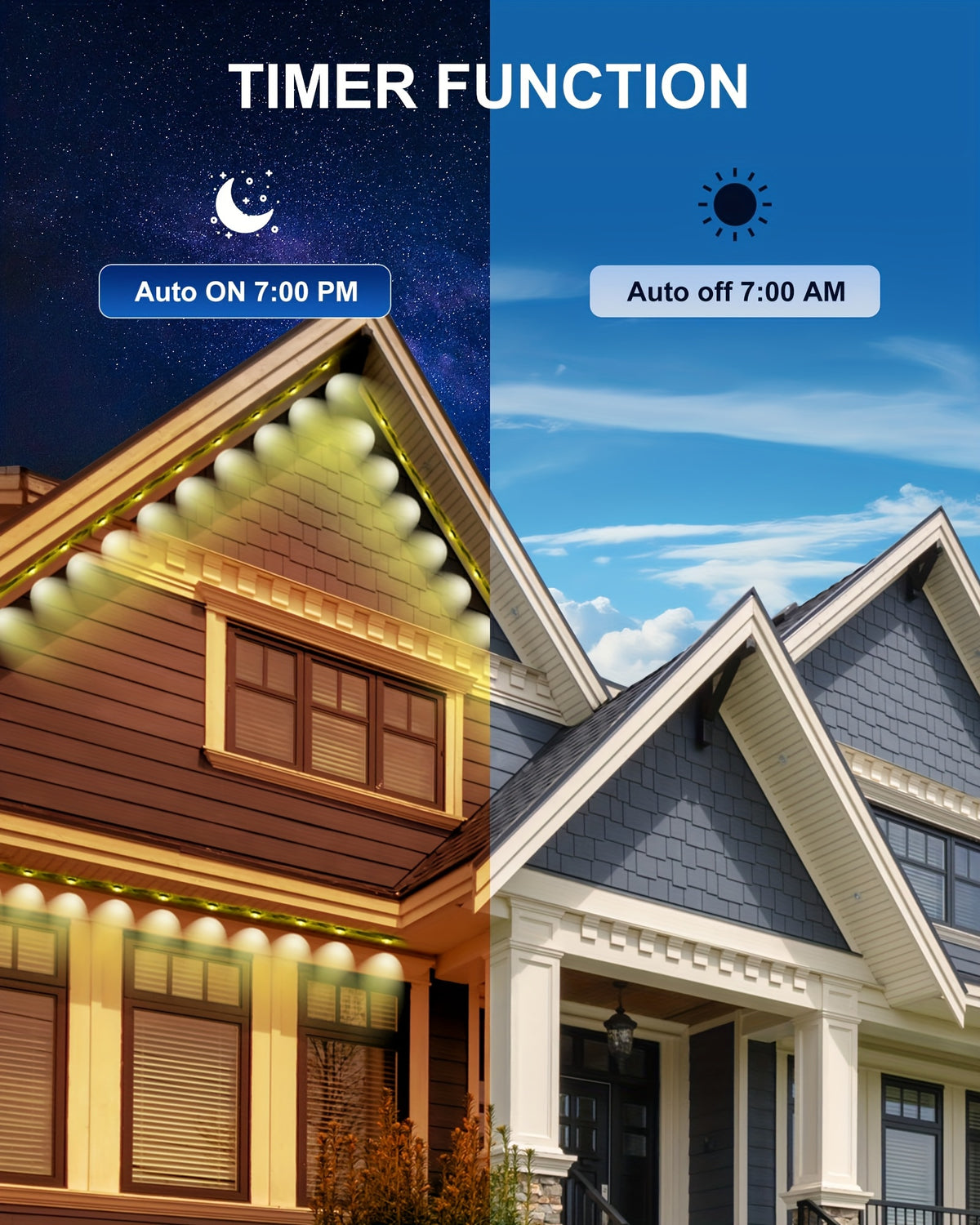 RGB Multicolor Eaves Lights with App and Remote Control, Music Sync, Timer and Dimming, 49ft, 100ft or 200ft for Outdoor Holiday House Decor