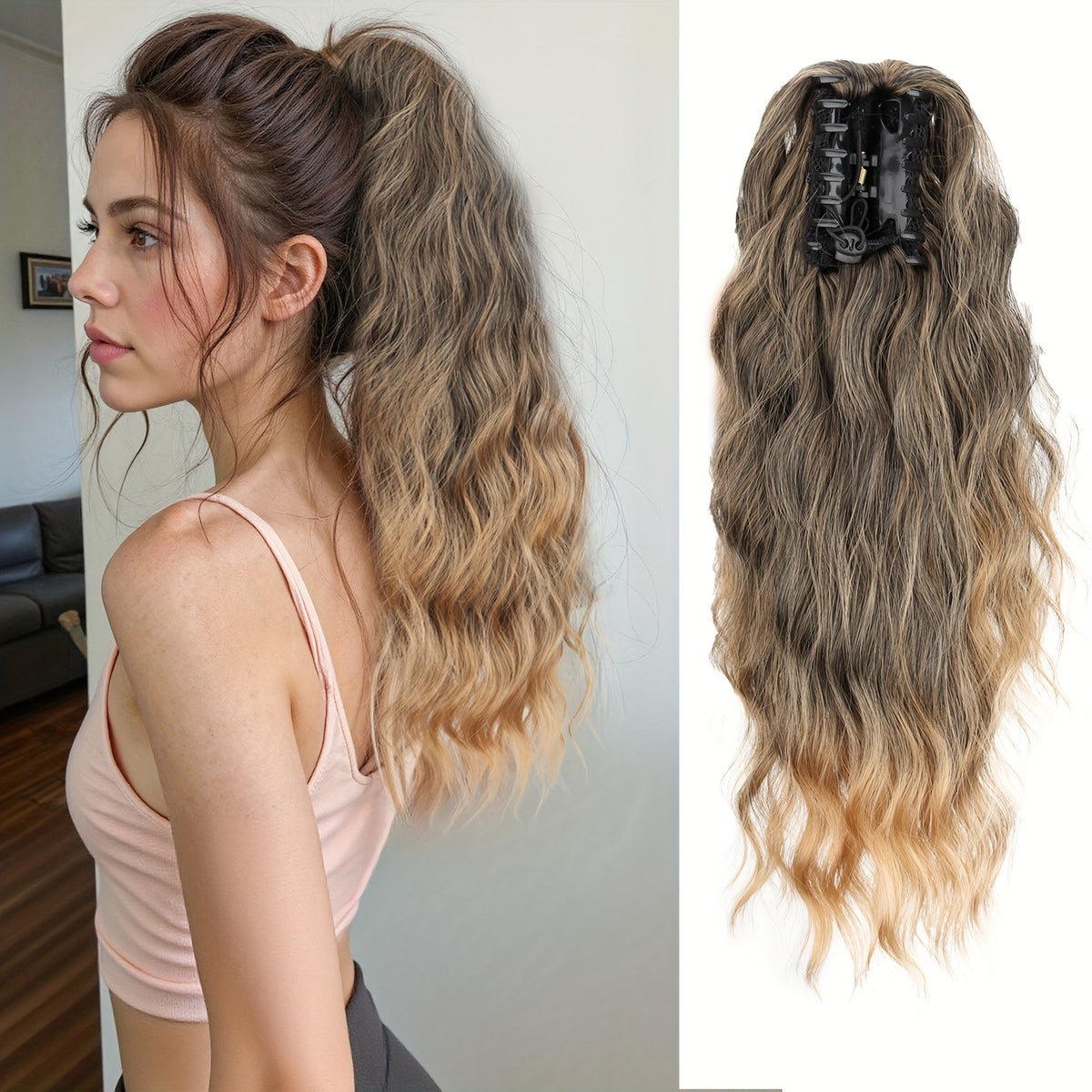 16-Inch Water Wave Ponytail Extension for Women, Synthetic Curly Hairpiece with Clip Attachment and Multiple Color Options for Daily Wear and Parties