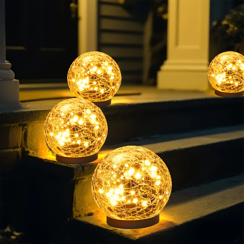 Solar Globe Garden Lights with Crackle Glass Balls and Ground Stakes, Four-Piece Large-Size Set in Warm or Colorful Options for Patio and Border Decor