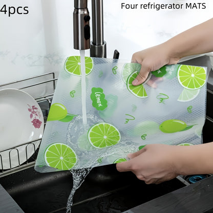 Lemon Pattern Refrigerator Liners in EVA, Four-Piece Washable Reusable Shelf Mat Set for Compatible Kitchen Drawers, Cabinets and Fridge Organization