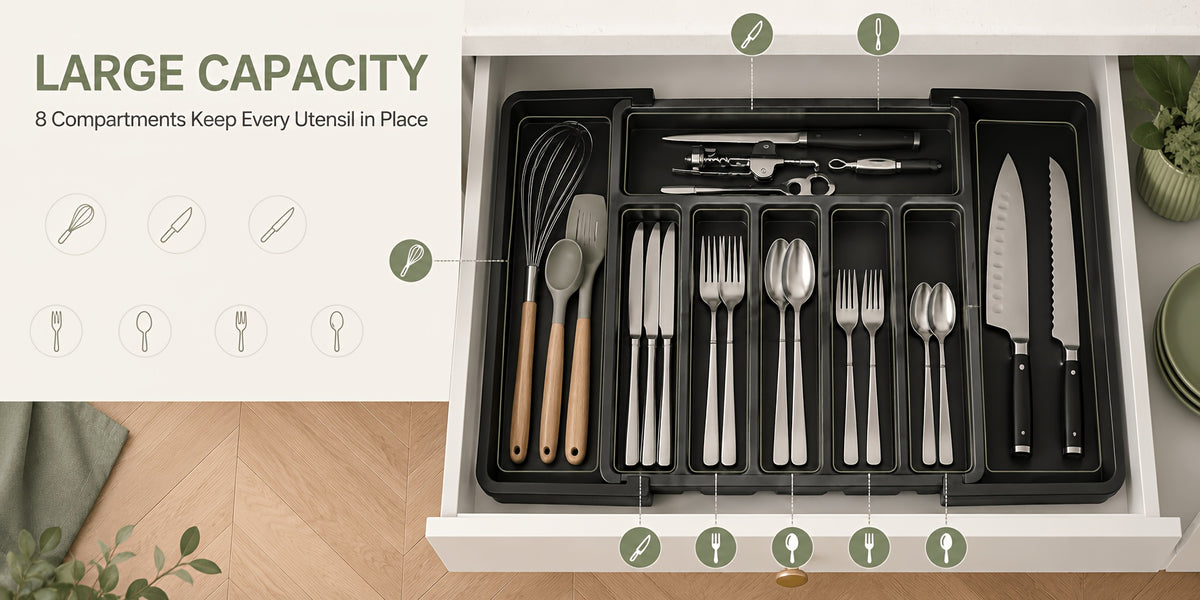 Expandable Silverware Drawer Organizer, BPA-Free Adjustable Plastic Cutlery Tray in Black or White for Kitchen Spoon, Fork and Knife Storage